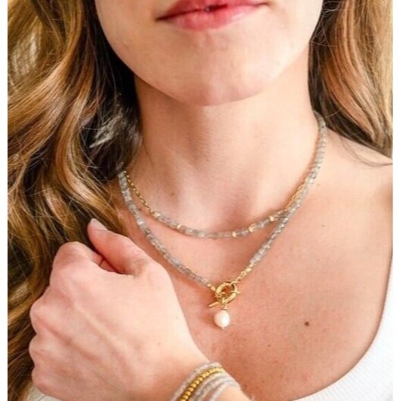 GORGEOUS Necklace Labradorite Beaded Necklace Gold Toggle Clasp Removable Pearl - Picture 1 of 11